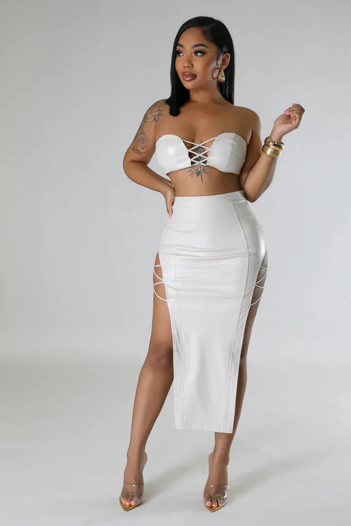 Women's Faux Leather Body Strap Design Midi Skirt Set
