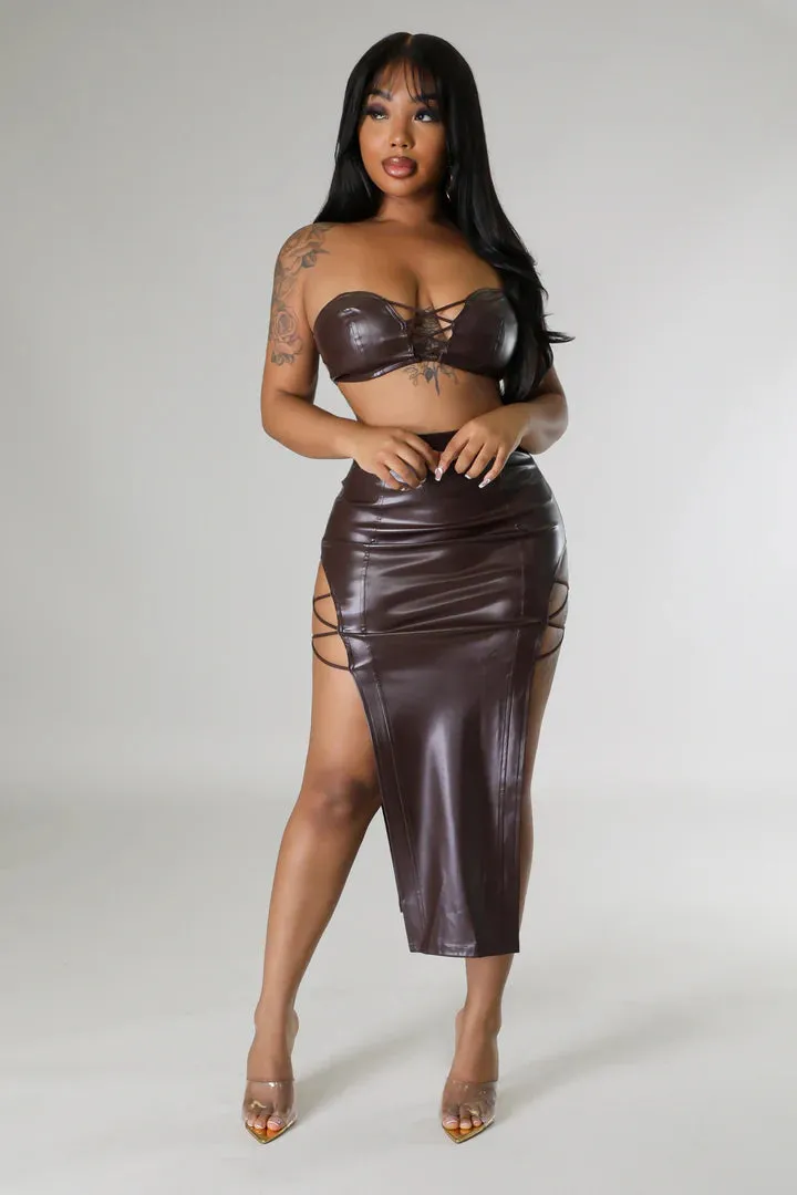 Women's Faux Leather Body Strap Design Midi Skirt Set