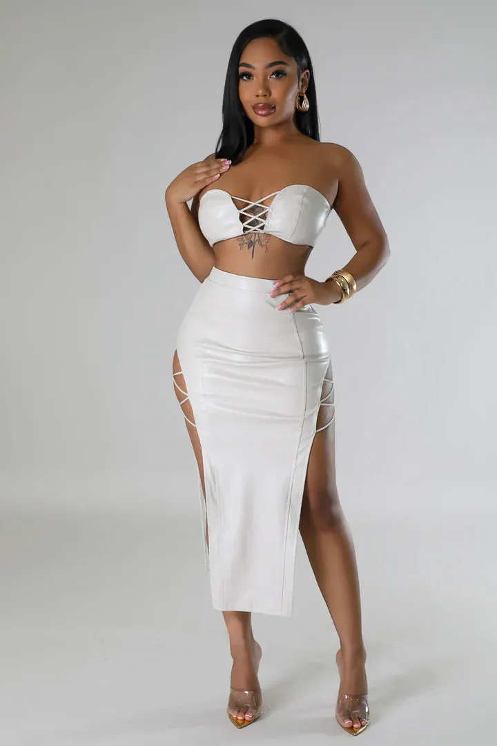 Women's Faux Leather Body Strap Design Midi Skirt Set