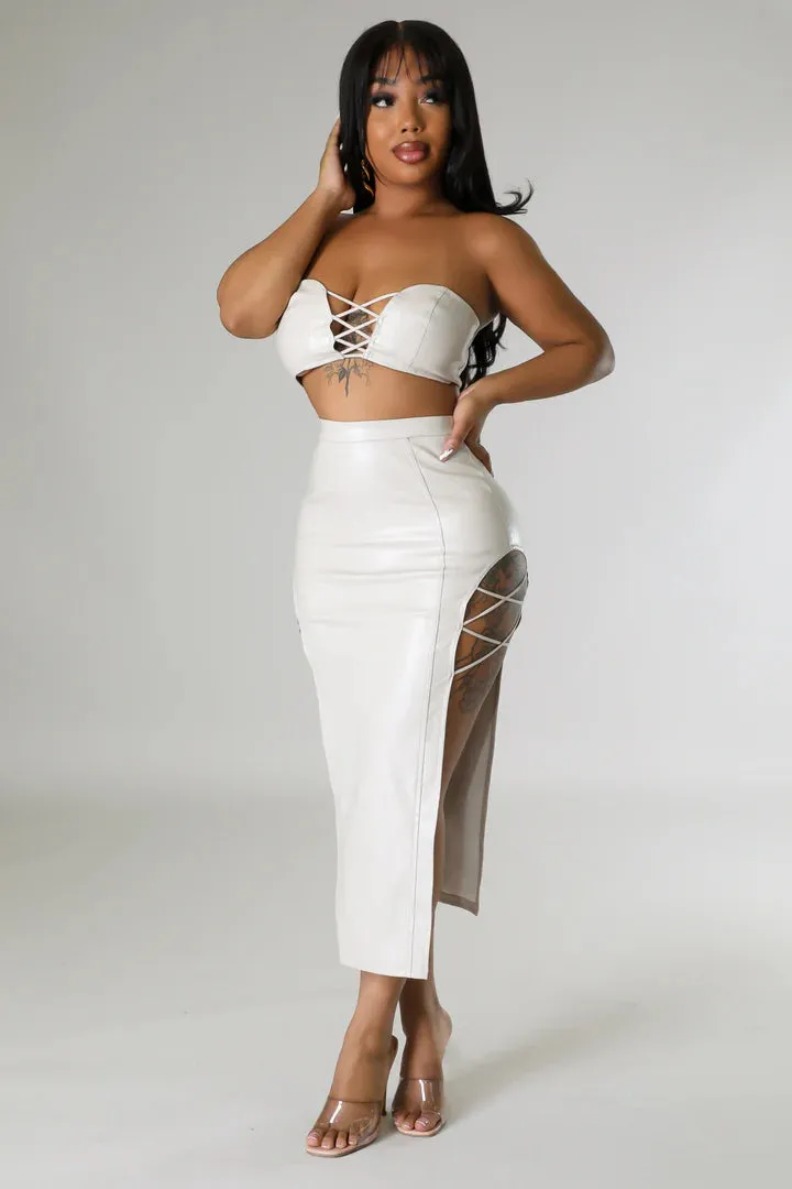 Women's Faux Leather Body Strap Design Midi Skirt Set