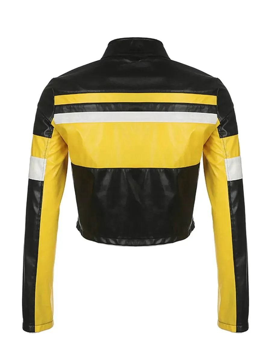 Women's Faux Leather Moto Jacket with Zipper Detail and Quilted Sleeves - Stylish Biker Coat for a Trendy Look