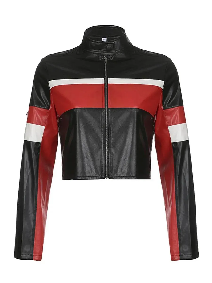 Women's Faux Leather Moto Jacket with Zipper Detail and Quilted Sleeves - Stylish Biker Coat for a Trendy Look