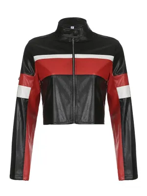 Women's Faux Leather Moto Jacket with Zipper Detail and Quilted Sleeves - Stylish Biker Coat for a Trendy Look