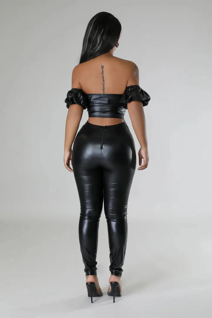 Women's Faux Leather Zip Up Off The Shoulders Corset High Waisted Black Pant Set