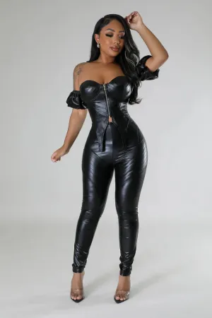 Women's Faux Leather Zip Up Off The Shoulders Corset High Waisted Black Pant Set