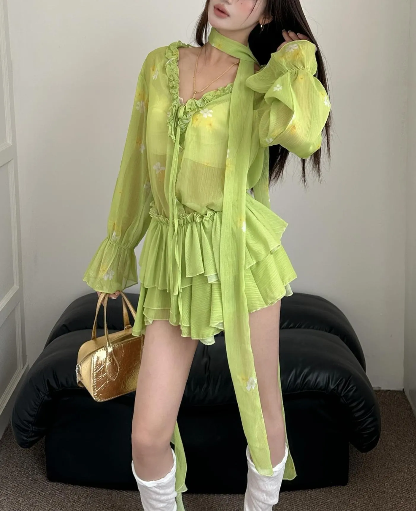 Women's Flared Sleeve Dress Shirt with Corset Accents for Vacation