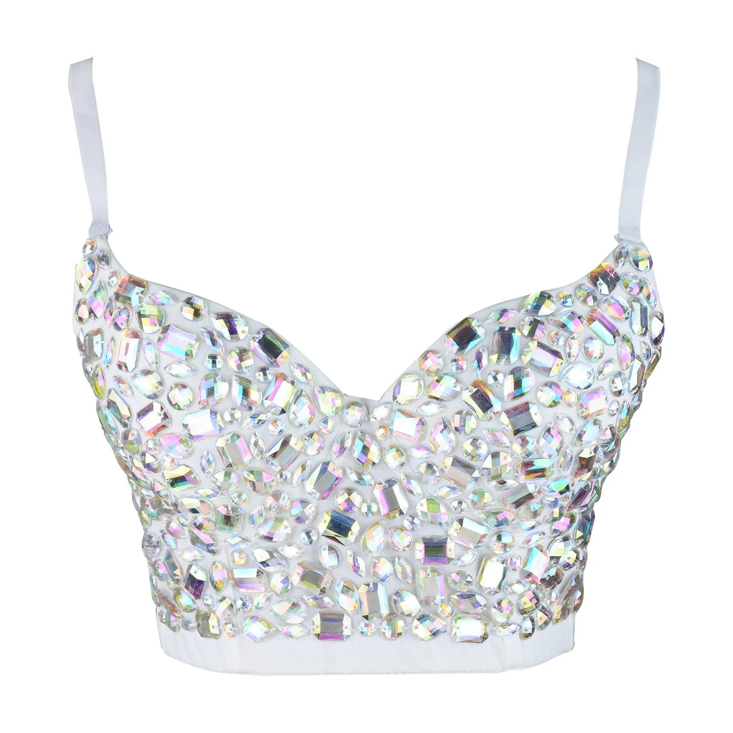 Women's Gemstone Bustier Crop Top Sexy Punk Rhinestone Corset Top Bra White