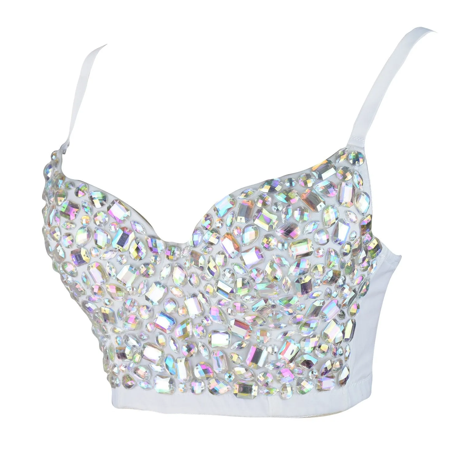Women's Gemstone Bustier Crop Top Sexy Punk Rhinestone Corset Top Bra White