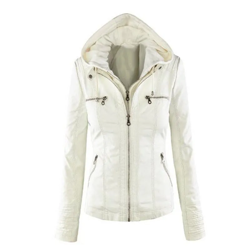 Women's Leather Jacket Coat Hoodies Hooded Lapel Zipper Detachable Leather Jacket Female
