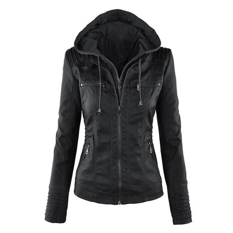 Women's Leather Jacket Coat Hoodies Hooded Lapel Zipper Detachable Leather Jacket Female
