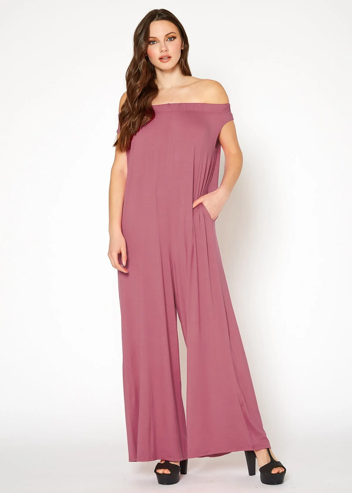 Women's Off Shoulder Wide Leg Jumpsuit With Pockets