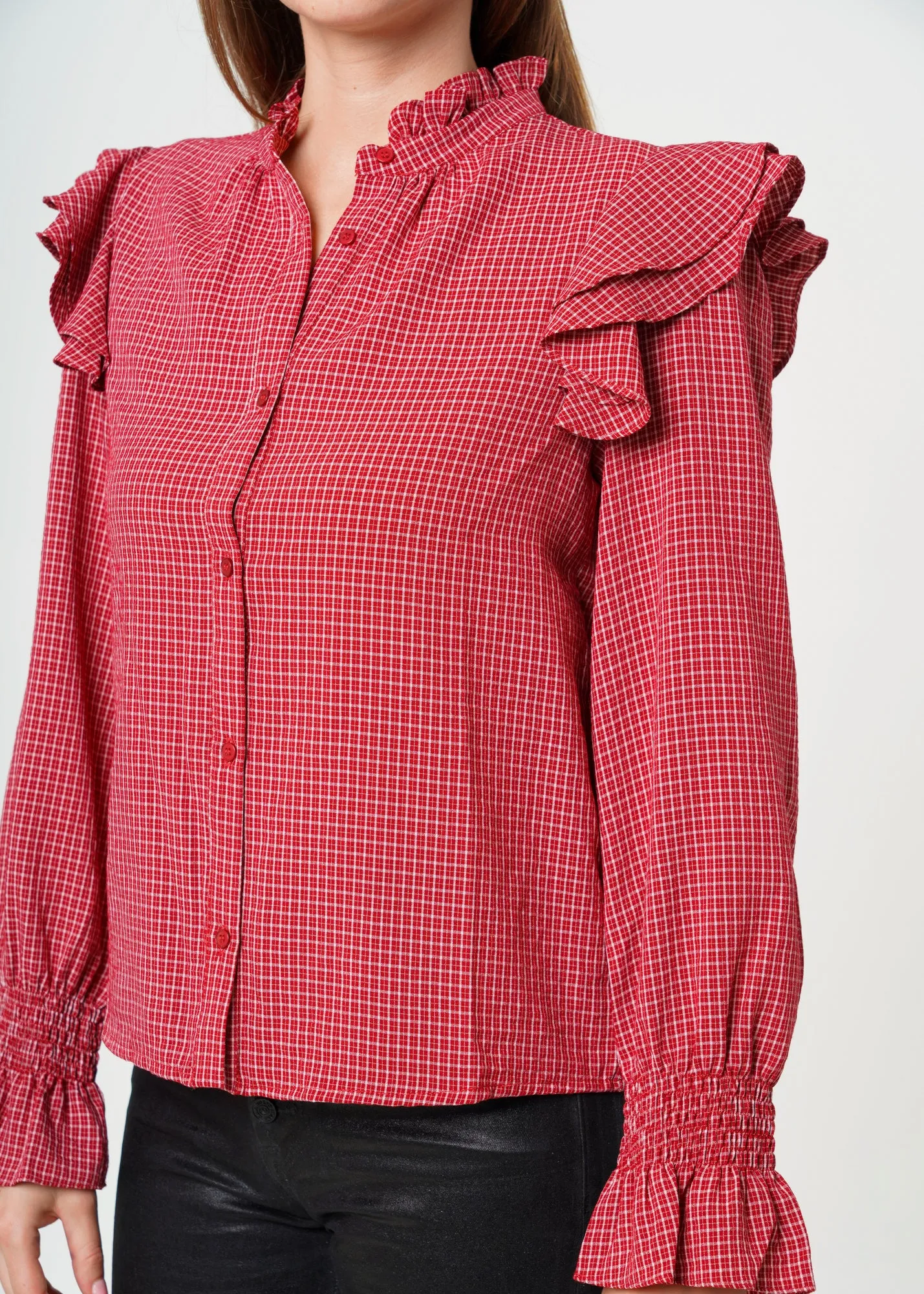 Women's Ruffle Detailed Plaid Shirt in Red