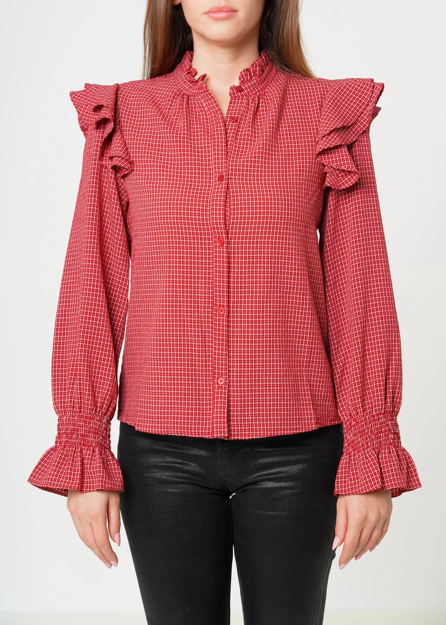 Women's Ruffle Detailed Plaid Shirt in Red