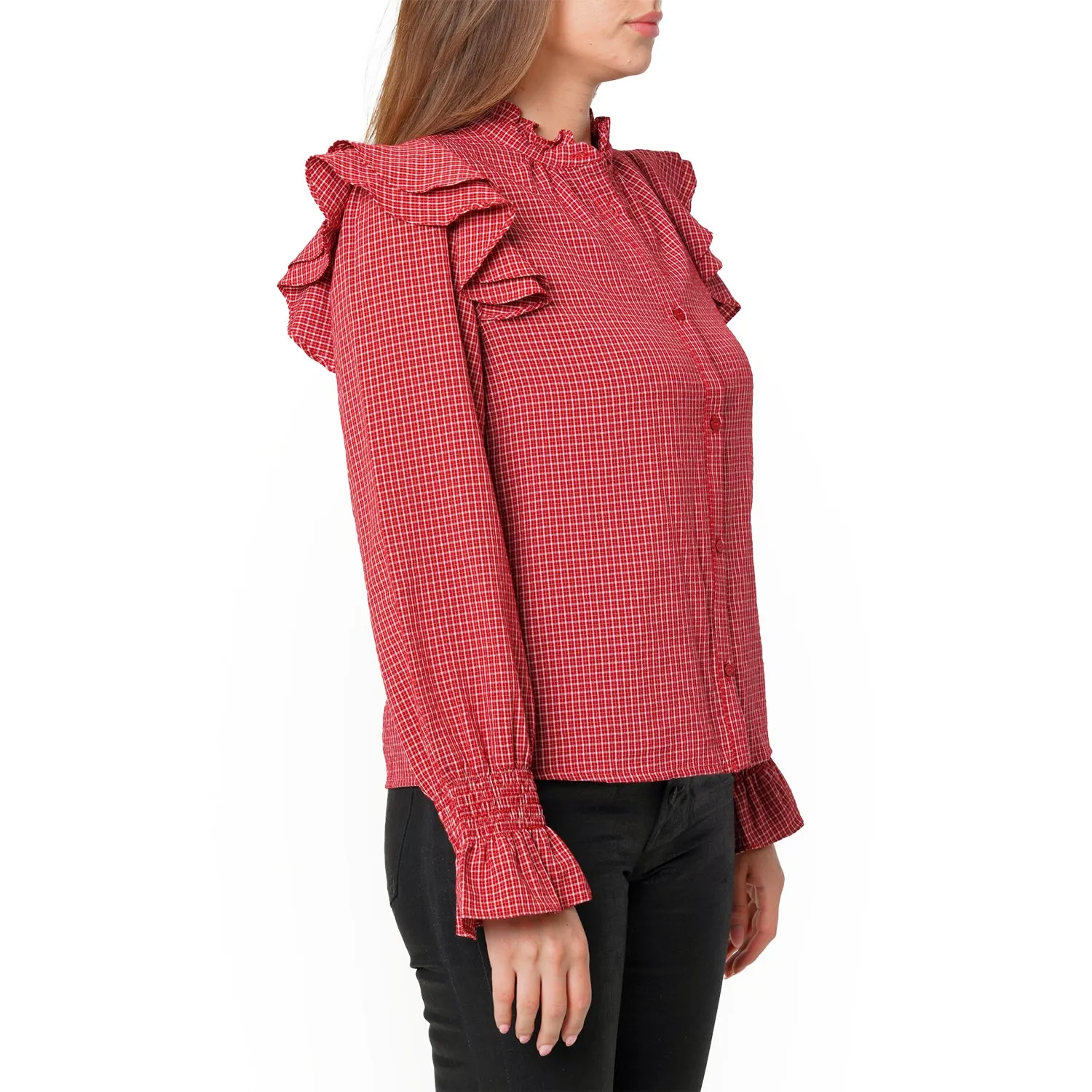Women's Ruffle Detailed Plaid Shirt in Red