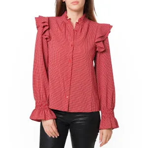 Women's Ruffle Detailed Plaid Shirt in Red