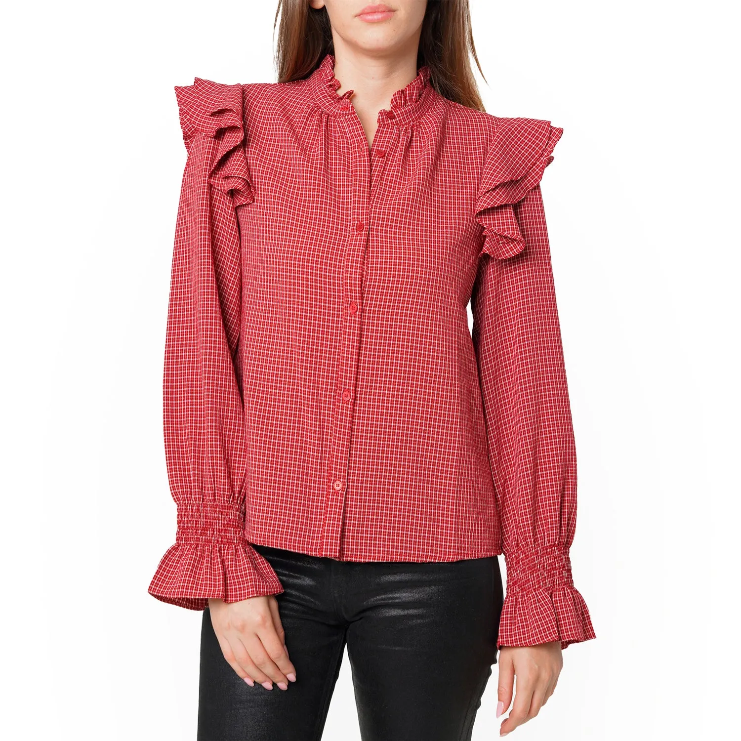 Women's Ruffle Detailed Plaid Shirt in Red