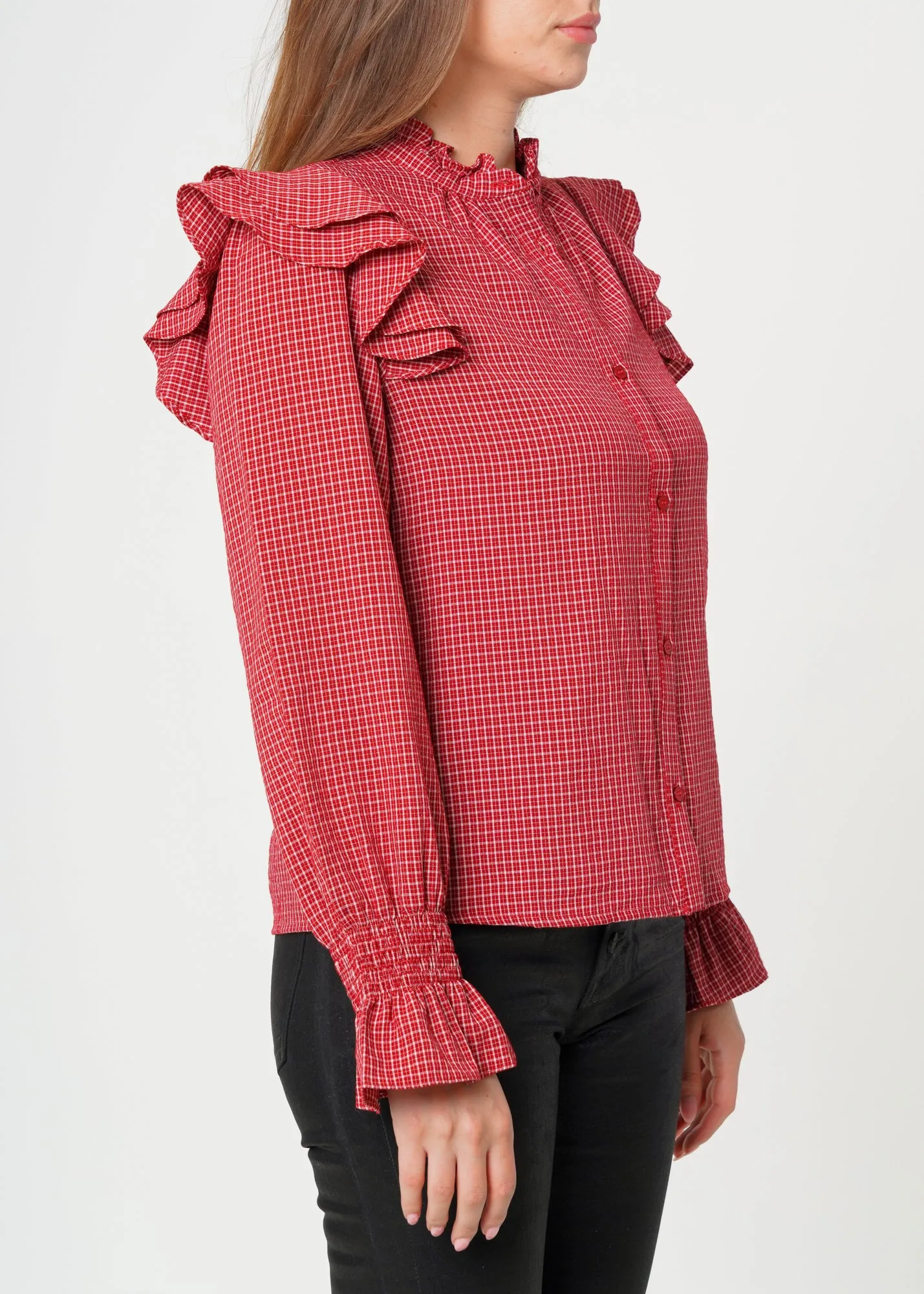 Women's Ruffle Detailed Plaid Shirt in Red