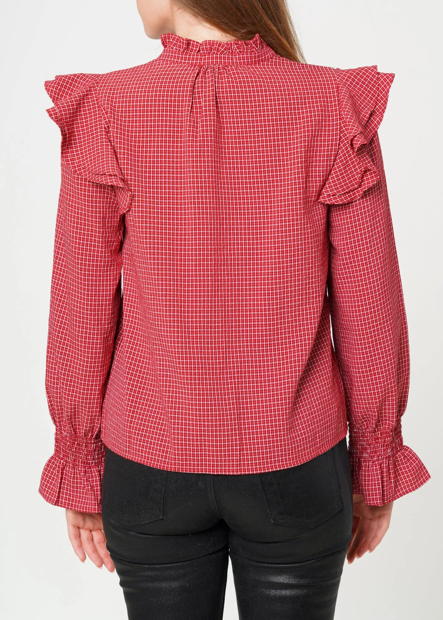 Women's Ruffle Detailed Plaid Shirt in Red