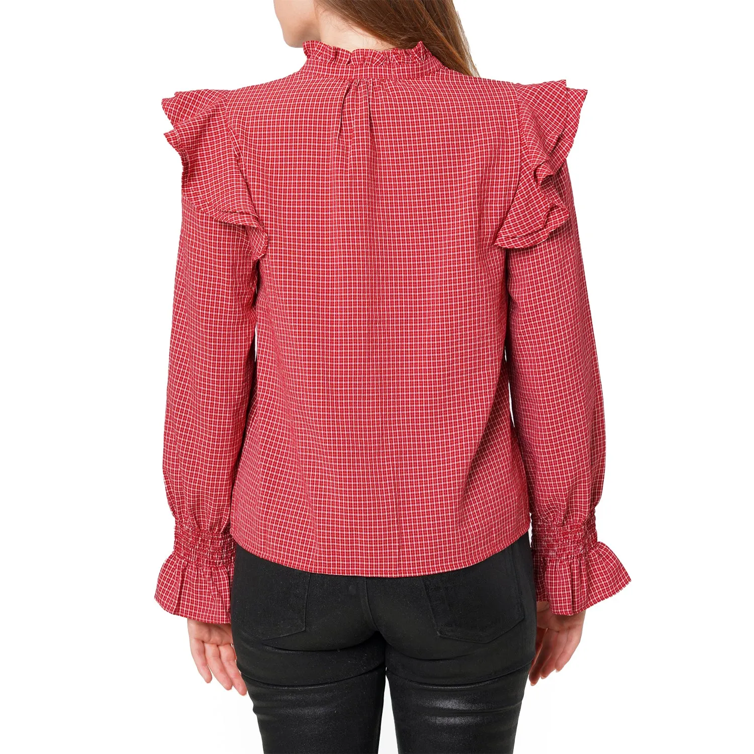 Women's Ruffle Detailed Plaid Shirt in Red