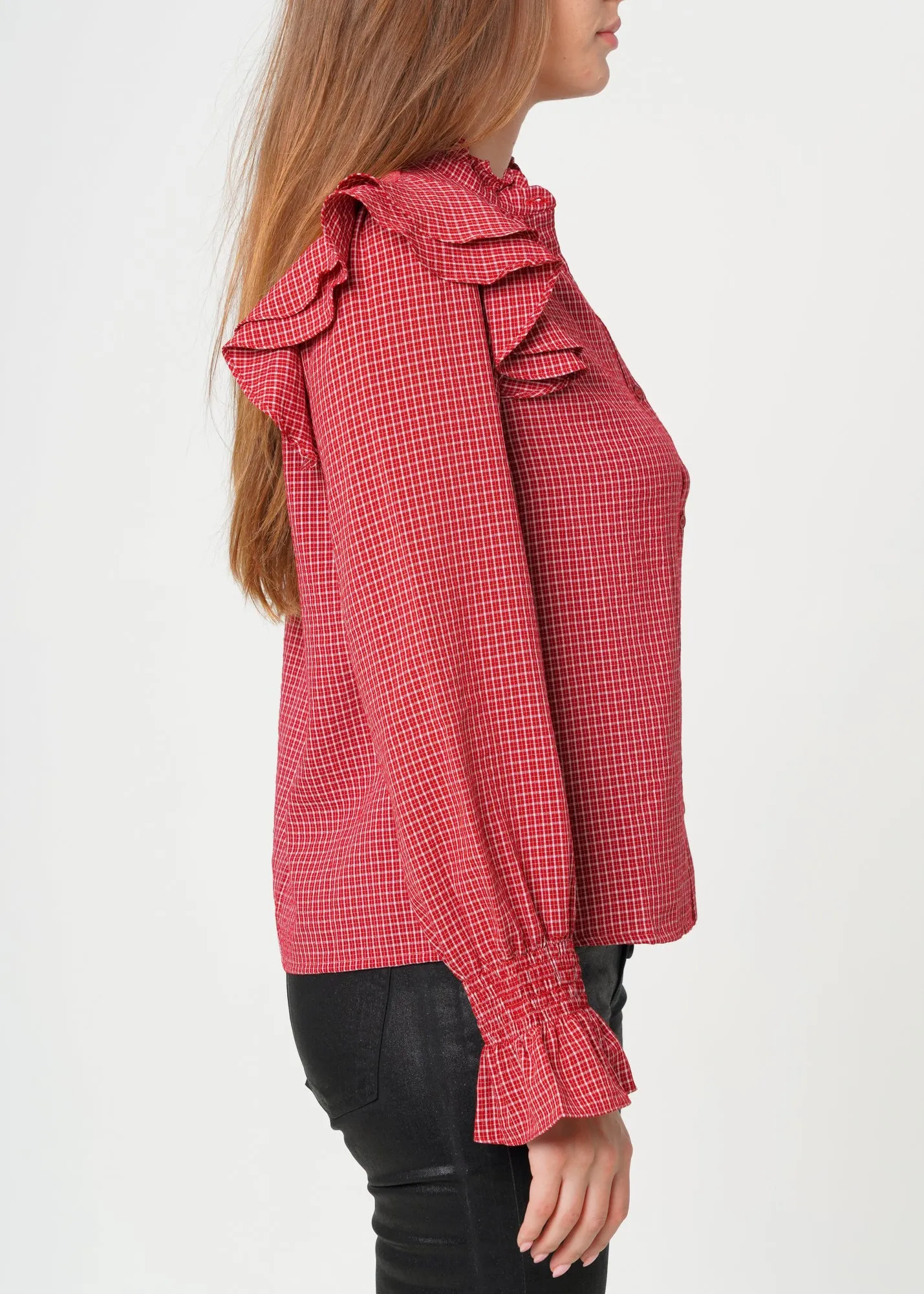 Women's Ruffle Detailed Plaid Shirt in Red