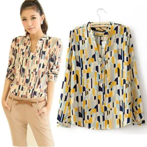 Women's Shirts Tops Turn-down Collar Geometric Print Long Sleeve Career Blouse