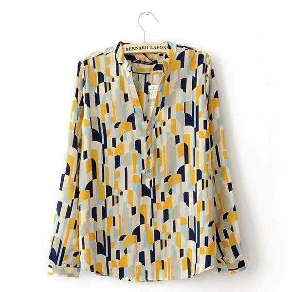 Women's Shirts Tops Turn-down Collar Geometric Print Long Sleeve Career Blouse