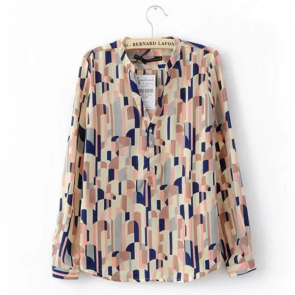 Women's Shirts Tops Turn-down Collar Geometric Print Long Sleeve Career Blouse