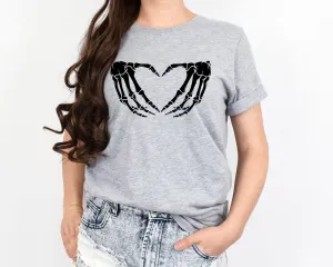 Women's Skeleton Heart Hands T-Shirt- Heather Gray