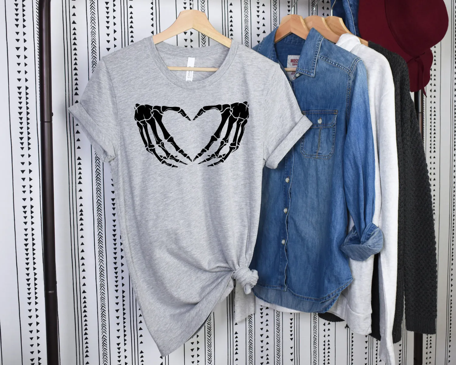 Women's Skeleton Heart Hands T-Shirt- Heather Gray