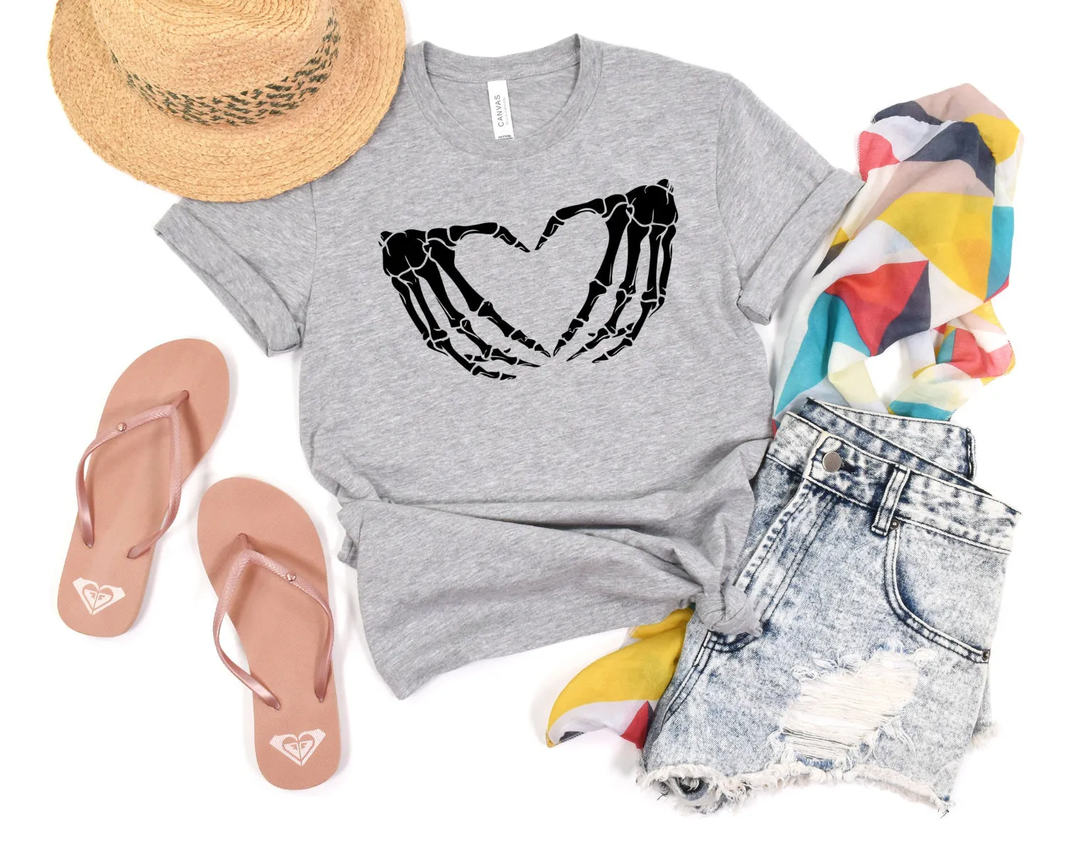 Women's Skeleton Heart Hands T-Shirt- Heather Gray