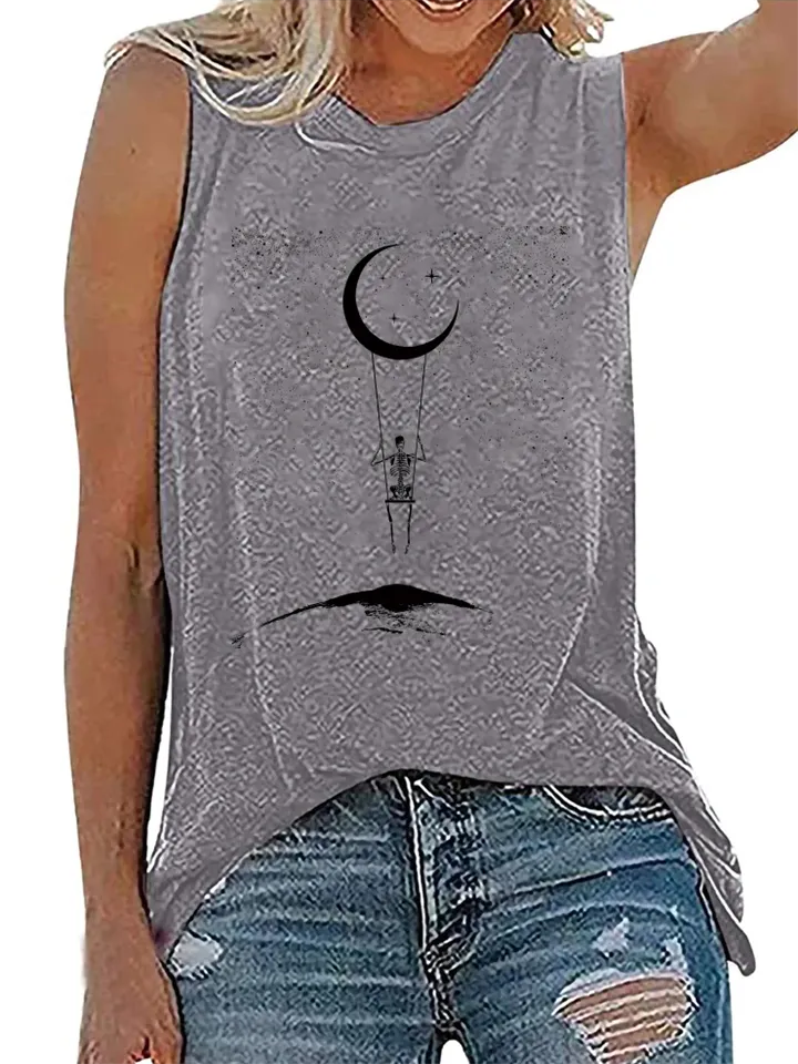Women's Skeleton Space Travel Print Sleeveless T-shirts