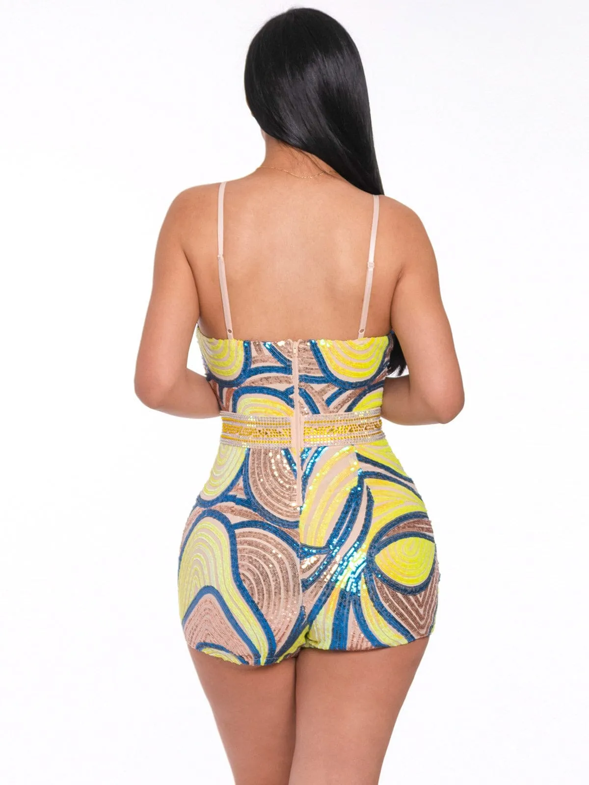 WOMEN'S SLEEVELESS MULTI PRINT SEQUINS ROMPER