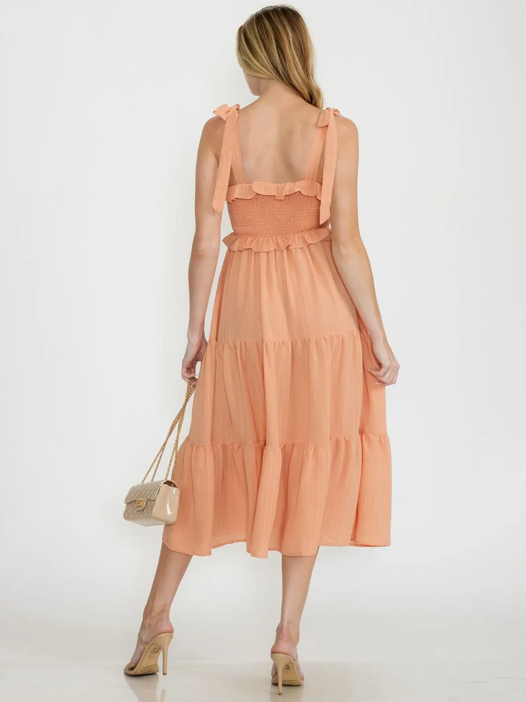 WOMEN'S SLEEVELESS RUFFLE TIERED SMOCK MIDI DRESS