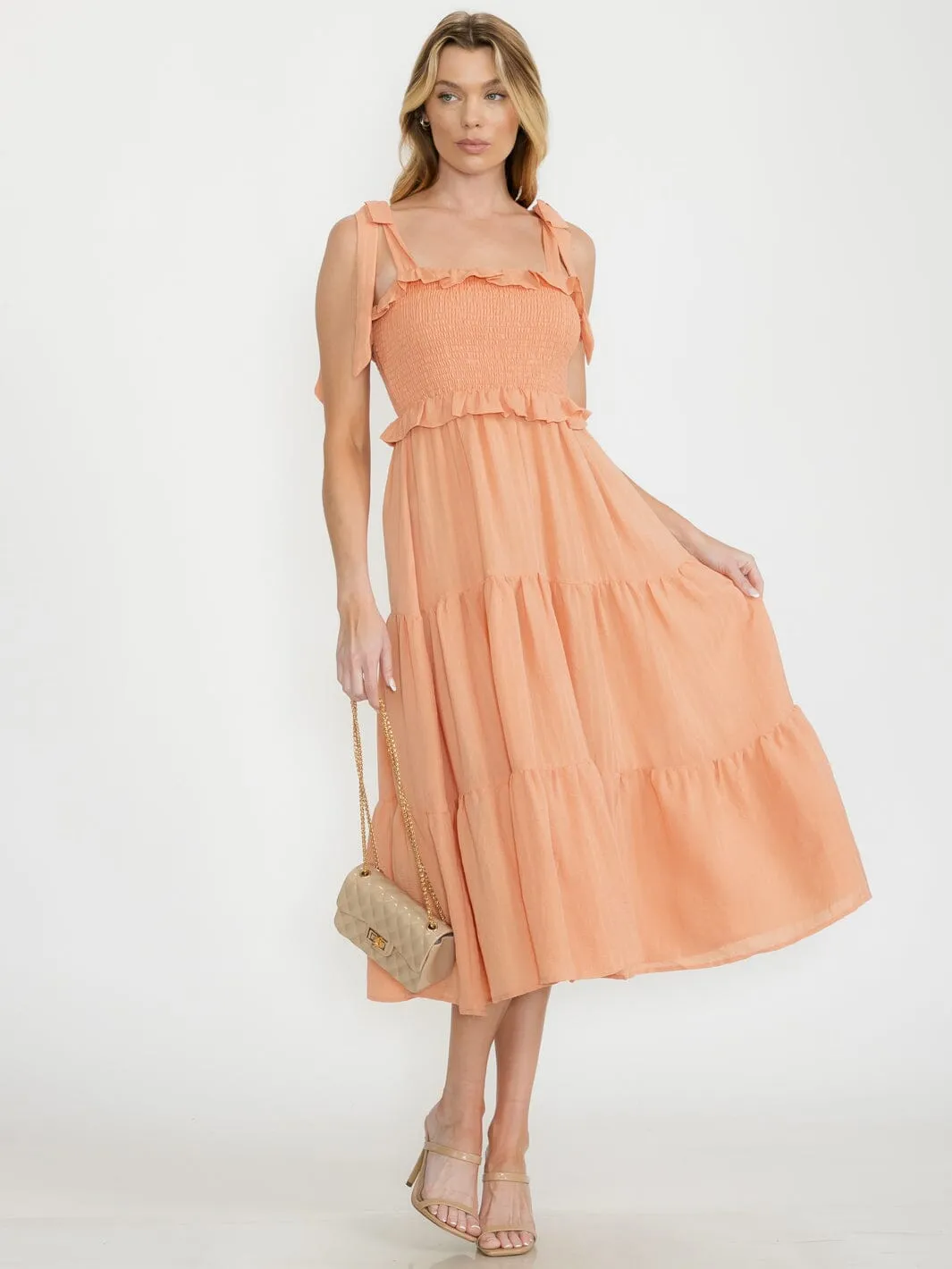 WOMEN'S SLEEVELESS RUFFLE TIERED SMOCK MIDI DRESS