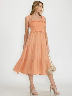WOMEN'S SLEEVELESS RUFFLE TIERED SMOCK MIDI DRESS