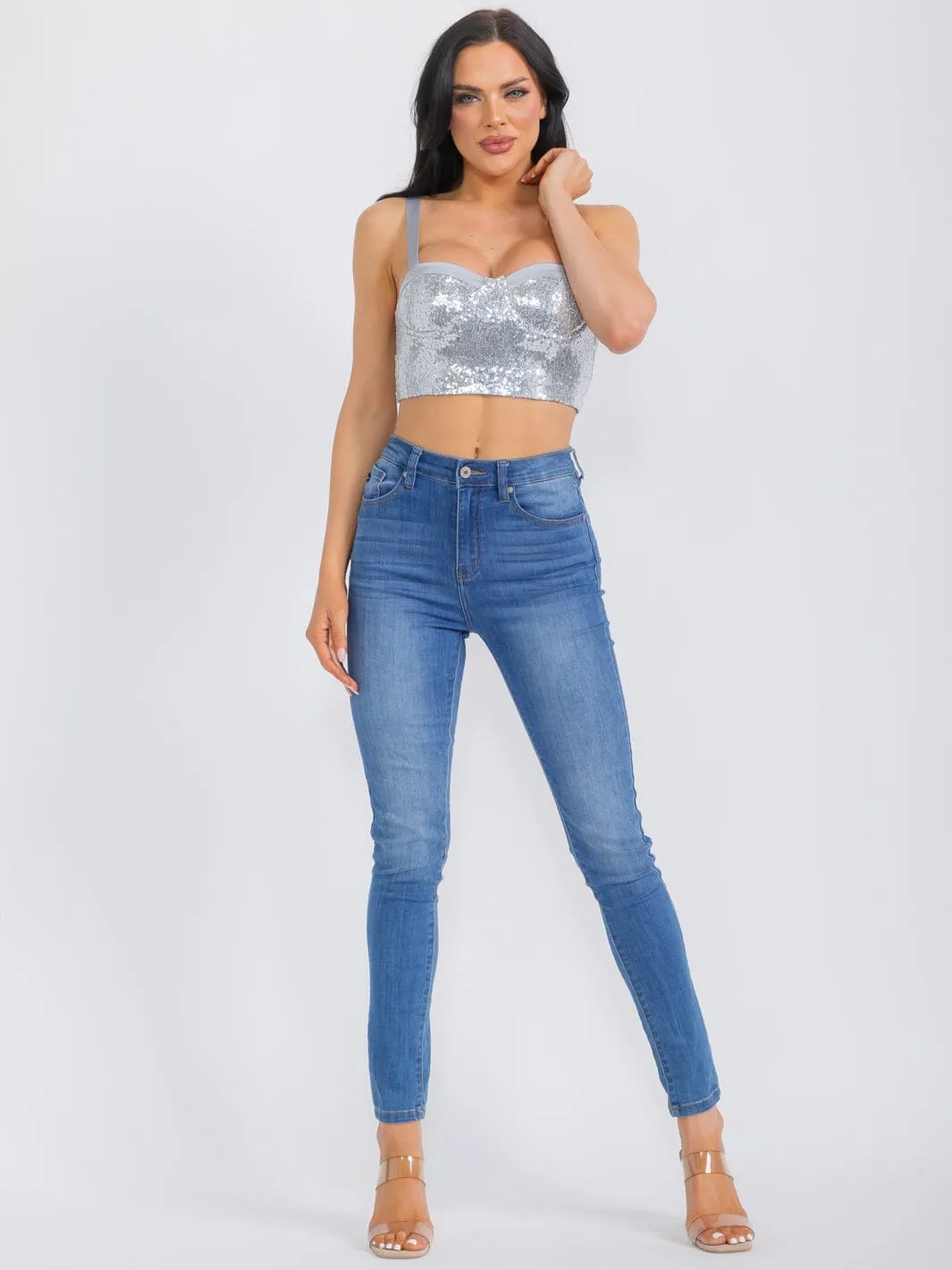 WOMEN'S SLEEVELESS SEQUINS CROP TOP