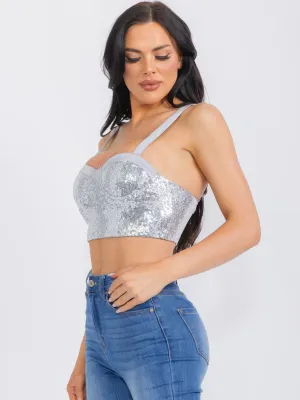 WOMEN'S SLEEVELESS SEQUINS CROP TOP