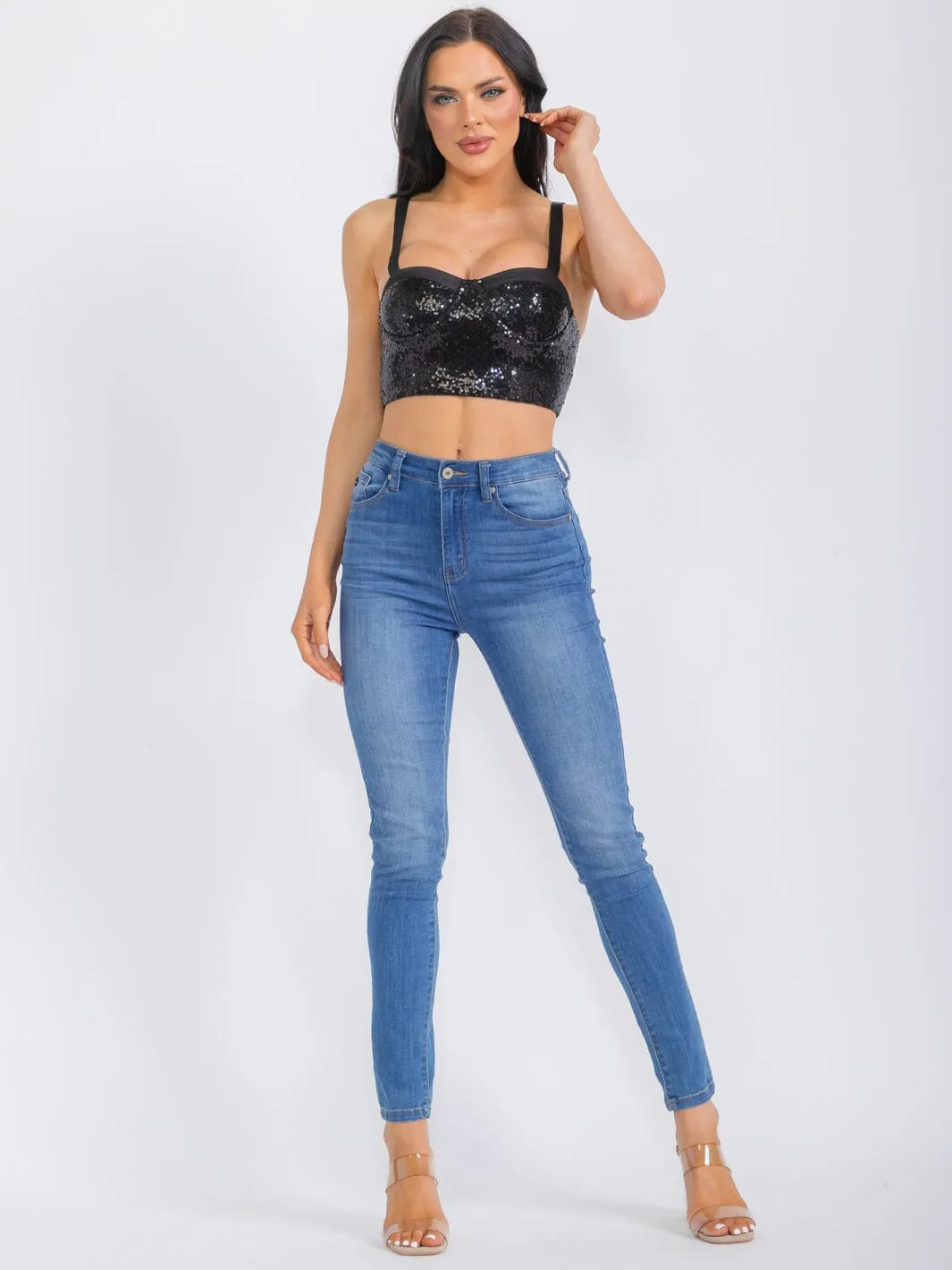 WOMEN'S SLEEVELESS SEQUINS CROP TOP