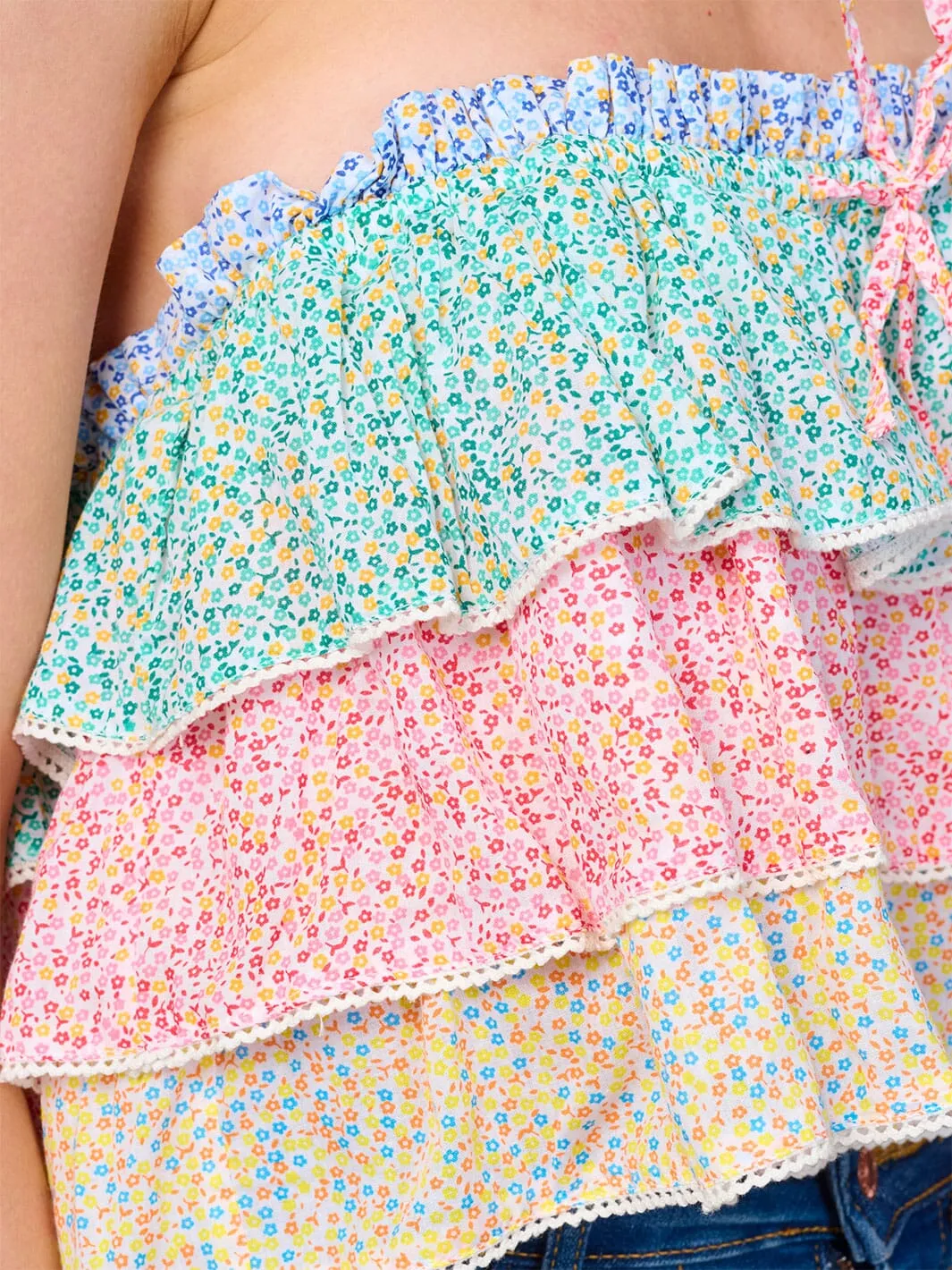 WOMEN'S SLEEVELESS TIERED RUFFLE FLORAL CROP TOP