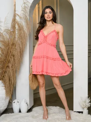 WOMEN'S SLEEVELESS V-NECK RUFFLE MINI DRESS