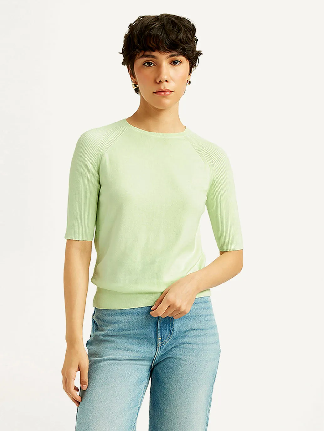 Women's Solid Light Green Boat Neck Top