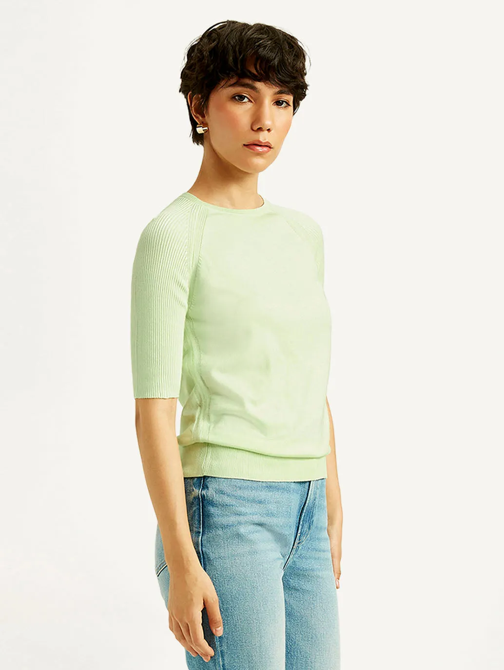 Women's Solid Light Green Boat Neck Top