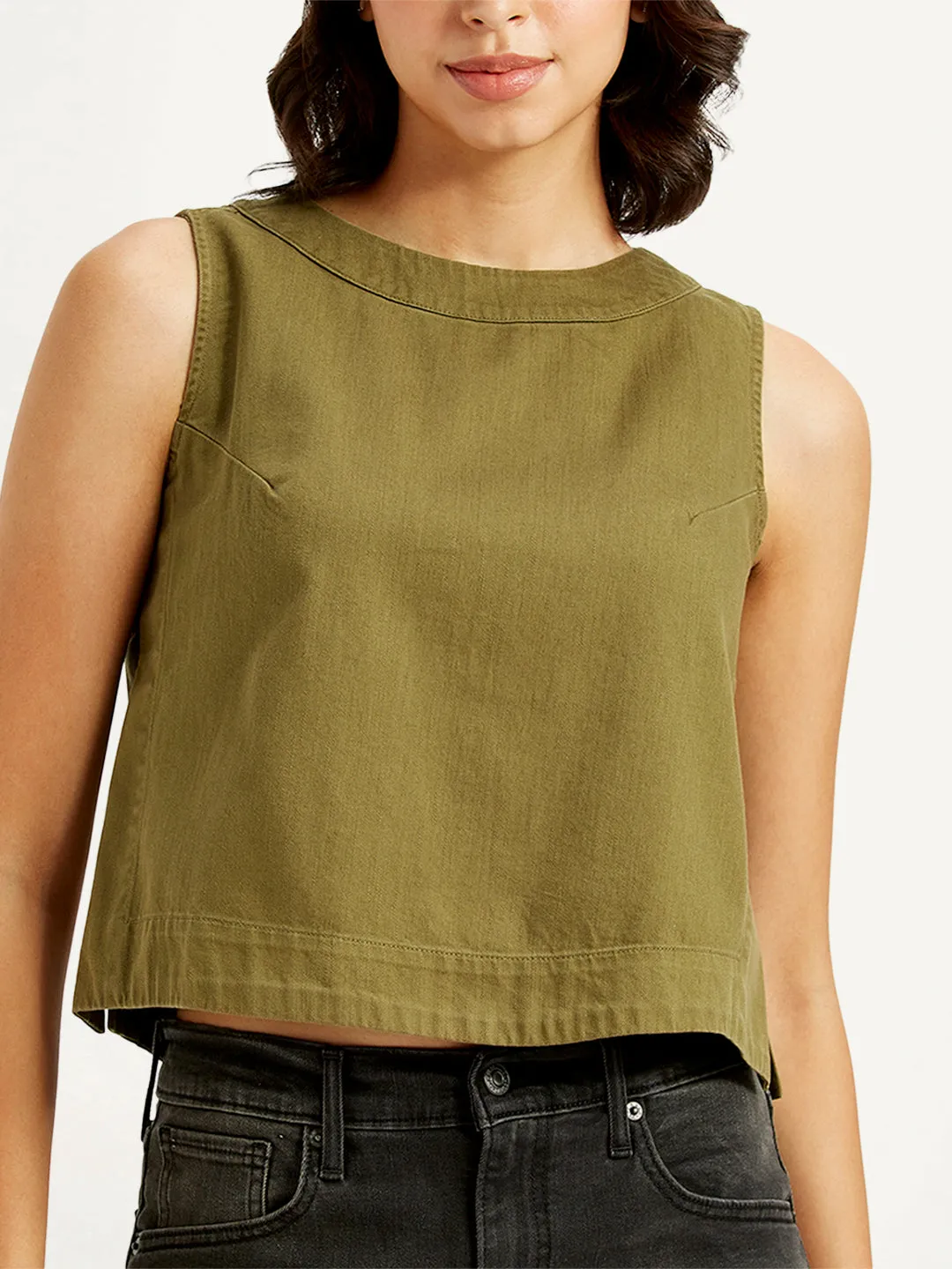 Women's Solid Olive Round Neck Crop Top