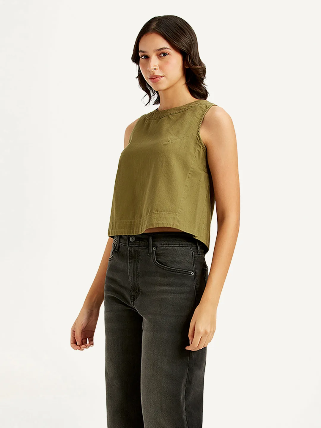 Women's Solid Olive Round Neck Crop Top