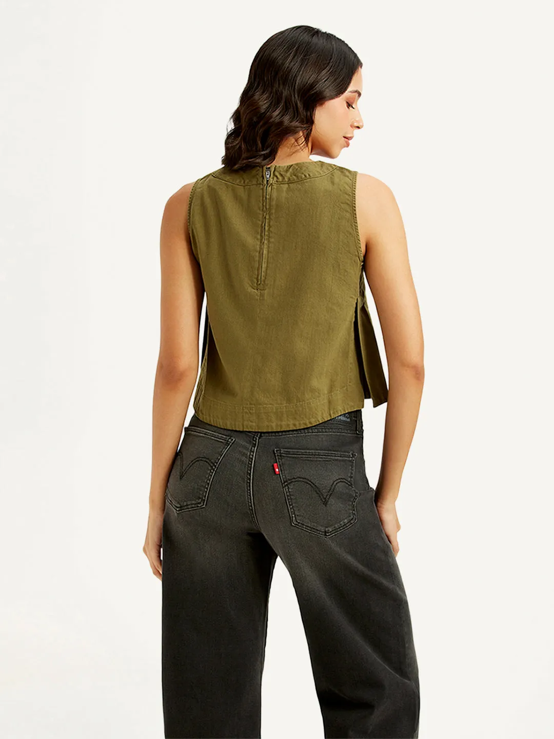 Women's Solid Olive Round Neck Crop Top