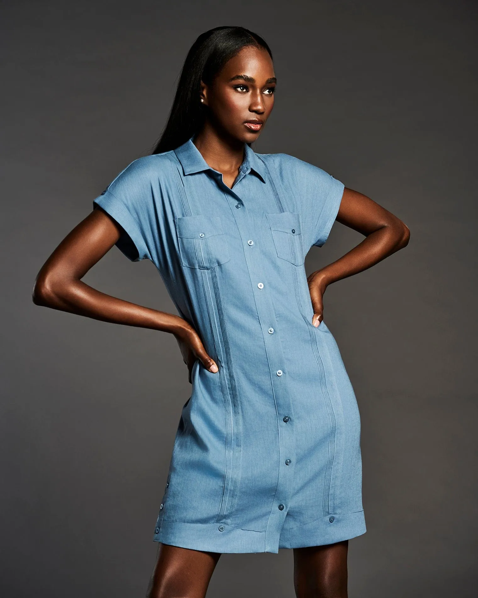 Women's Solid Two-Pocket Linen Blend Guayabera Dress