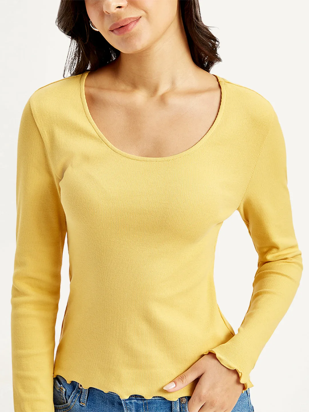 Women's Solid Yellow Scoop Neck Top