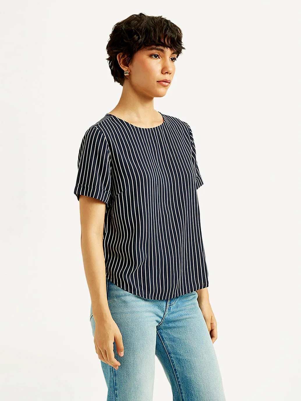Women's Striped Navy Round Neck Top