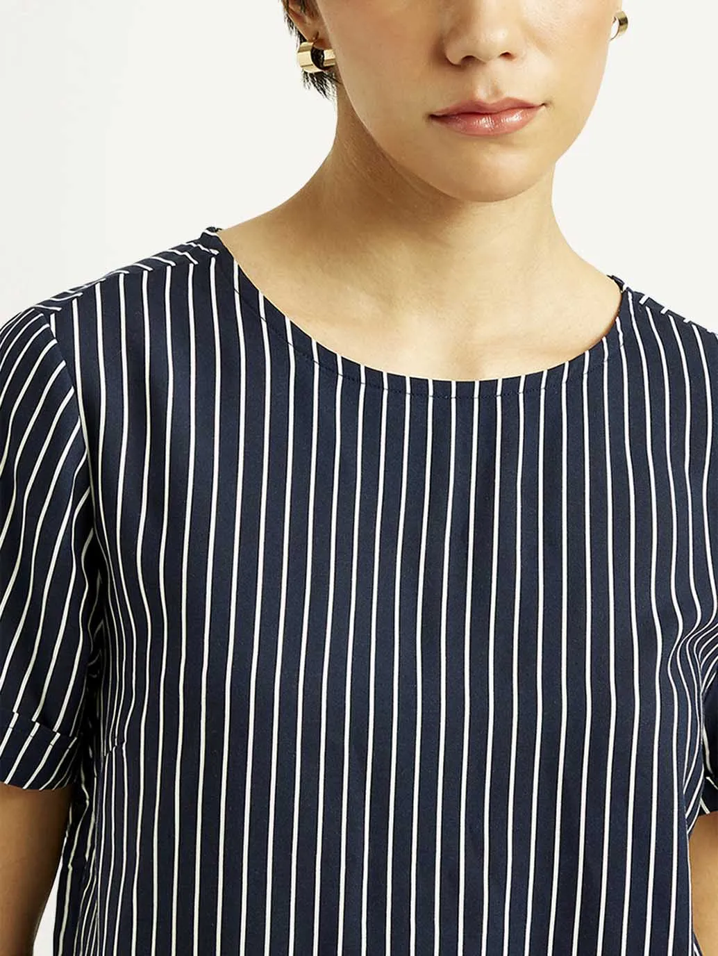 Women's Striped Navy Round Neck Top