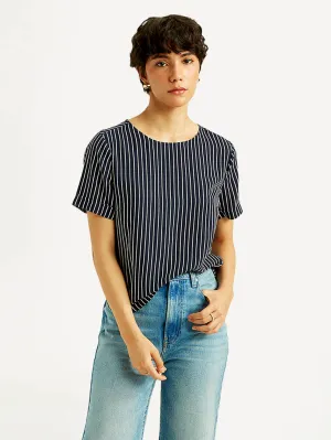 Women's Striped Navy Round Neck Top
